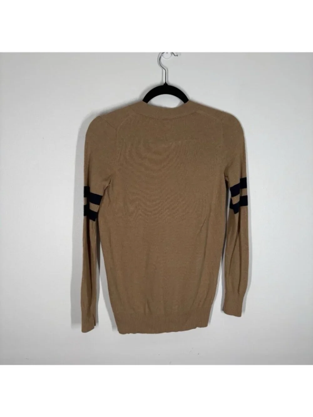 J.Crew Factory Women XS Camel Navy Merino Wool Blend Preppy Varsity Cardigan NWT
